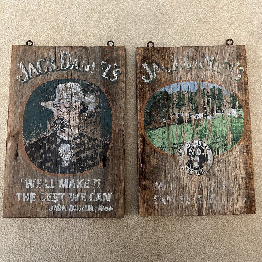 Vintage Rare Jack Daniel's Reclaimed Barn Wood Wall Plaques Set Distillery Pair